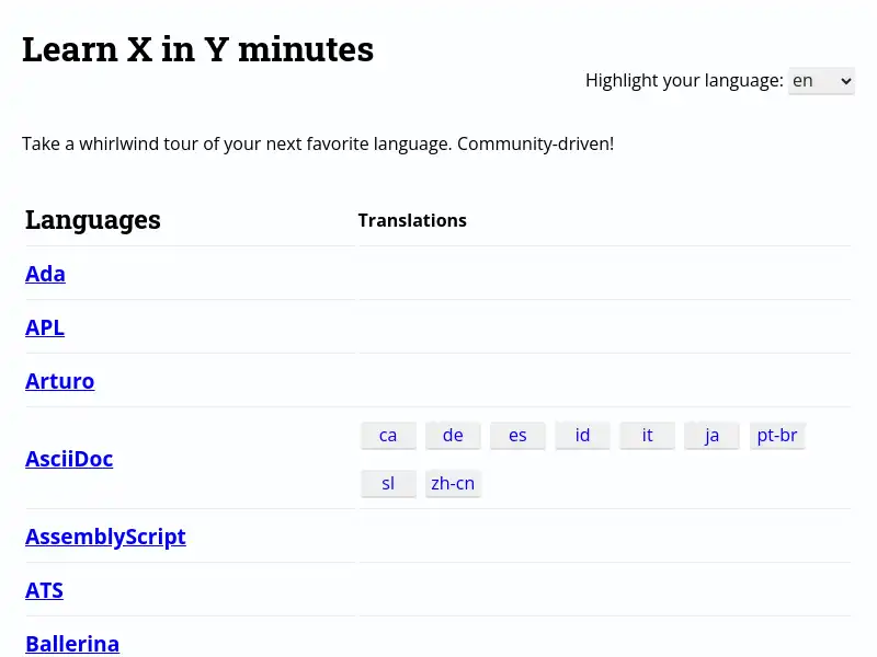 screenshot of Learn X in Y minutes