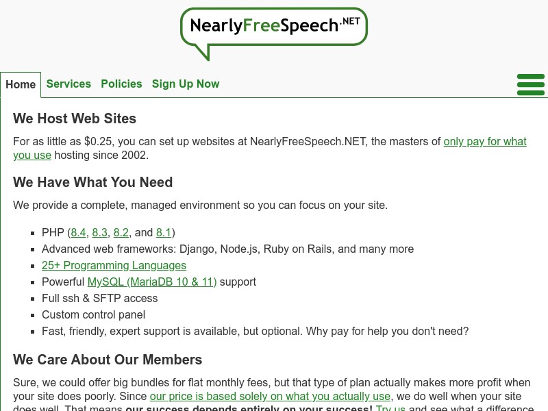 screenshot of NearlyFreeSpeech