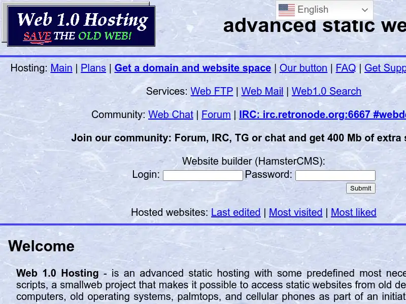 screenshot of Web 1.0 Hosting