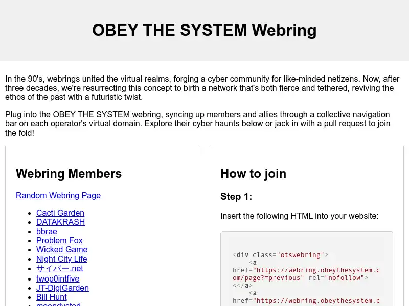 screenshot of OBEY THE SYSTEM Webring