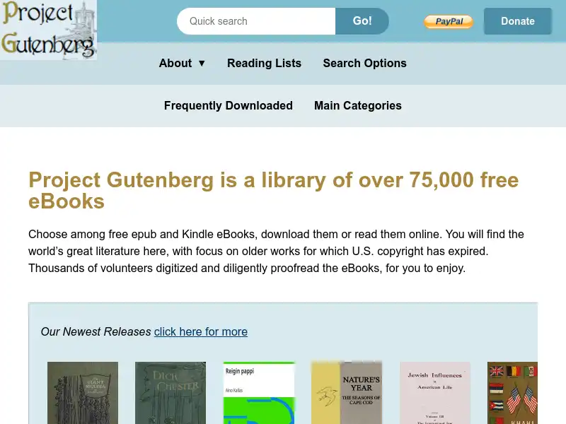 screenshot of Project Gutenberg