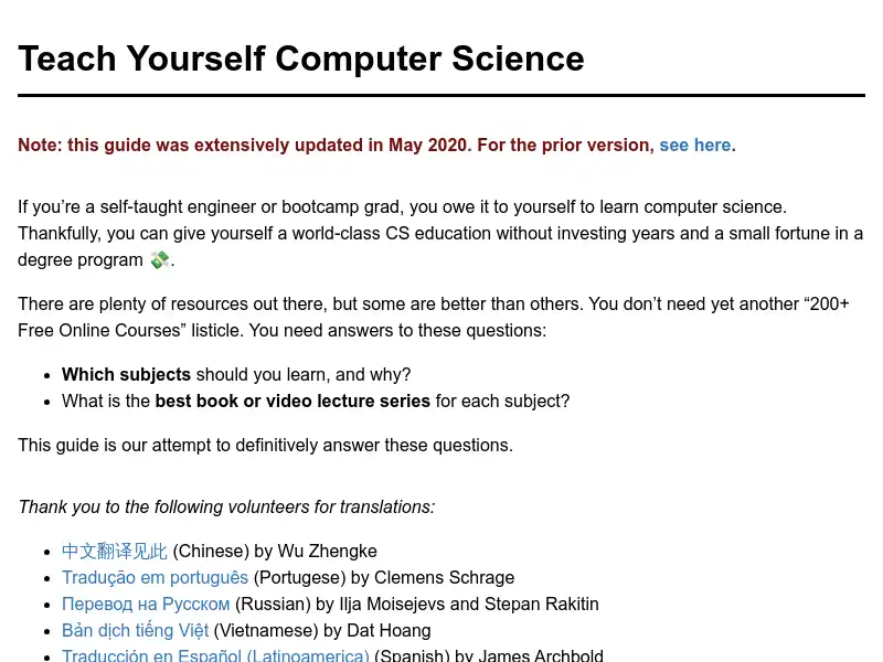 screenshot of teachyourselfcs.com