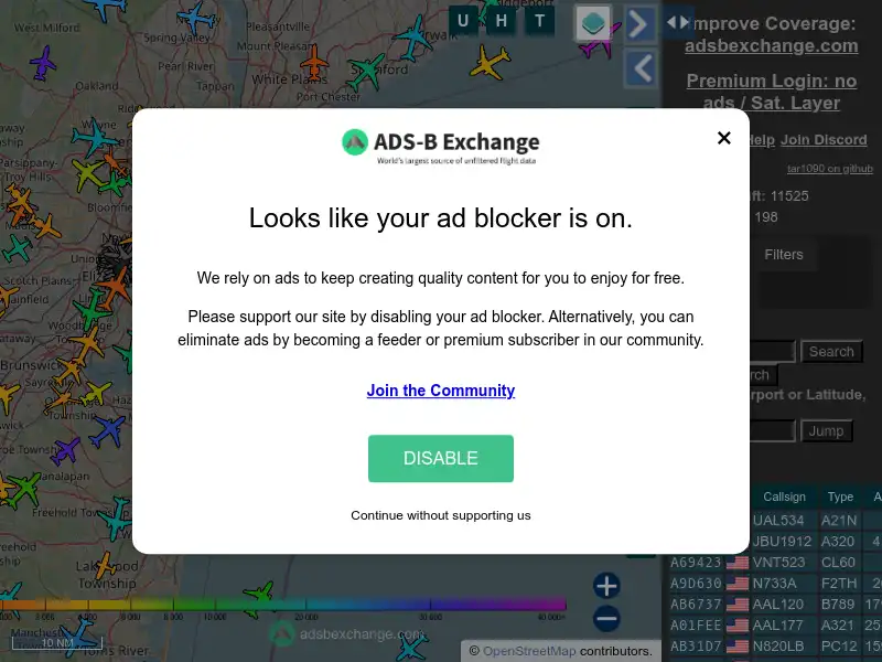 screenshot of ADS-B Exchange