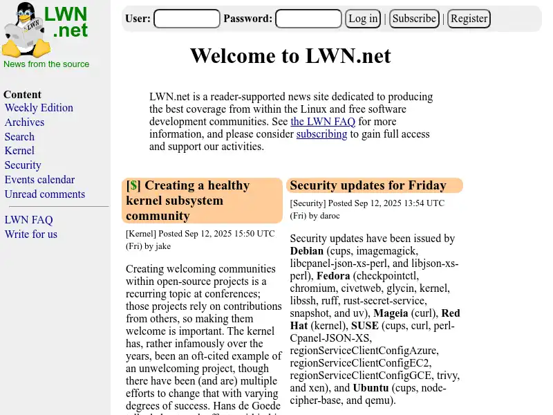 screenshot of LWN