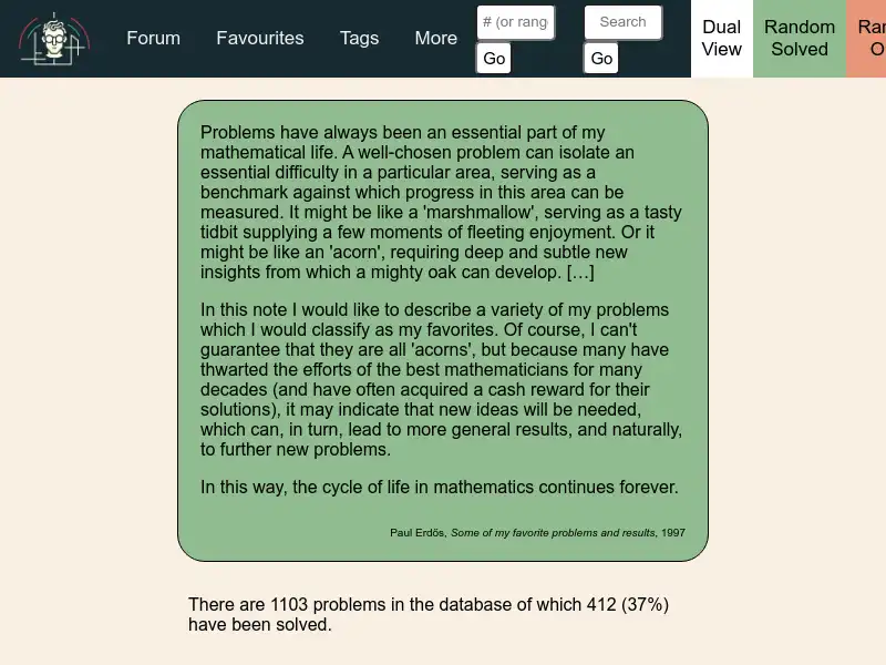 screenshot of Erdős' Problems