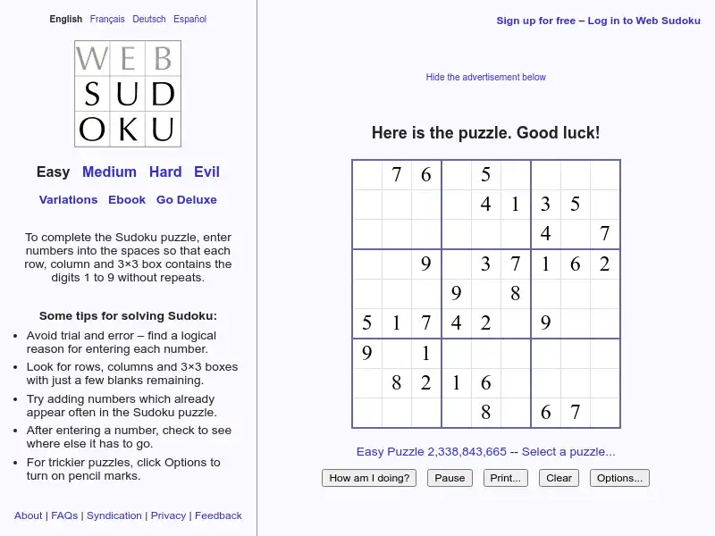 screenshot of Web Sudoku