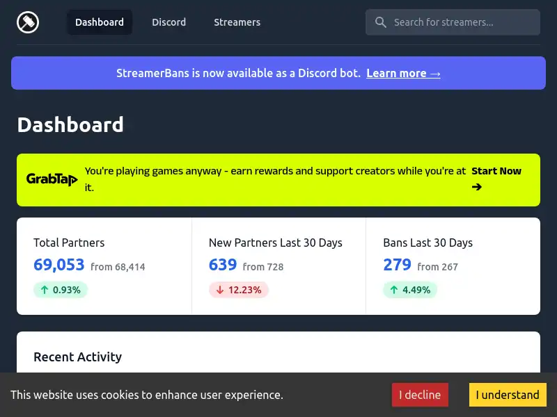 screenshot of streamerbans.com