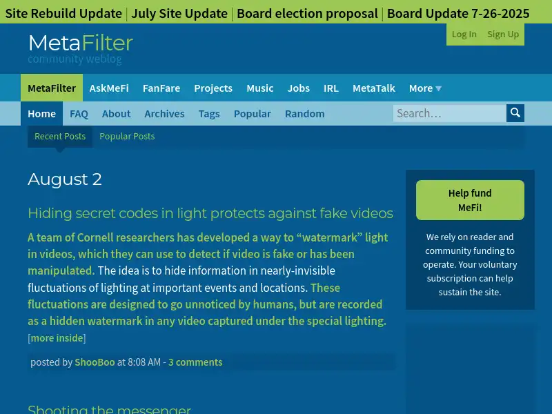 screenshot of MetaFilter
