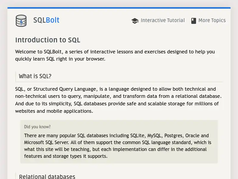 screenshot of sqlbolt.com