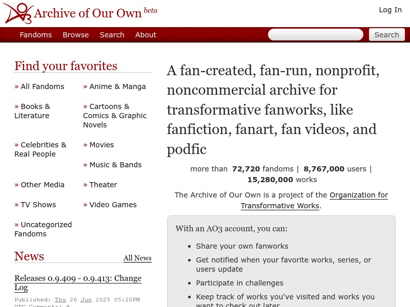 screenshot of Archive of Our Own