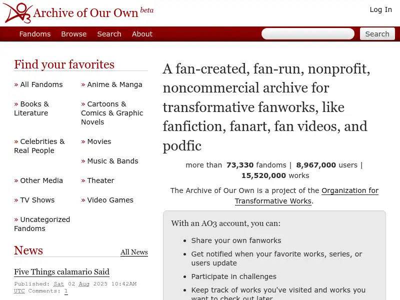 screenshot of Archive of Our Own