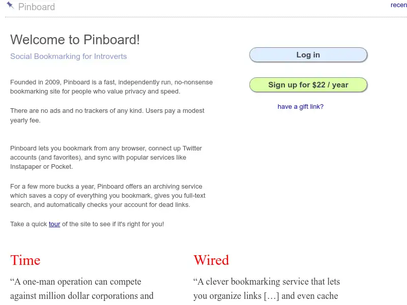 screenshot of Pinboard