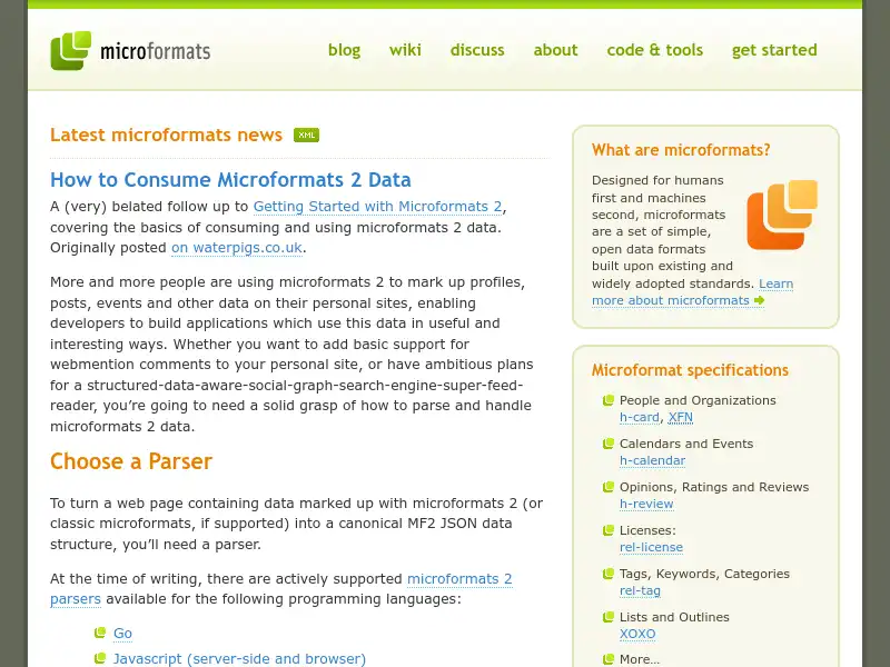 screenshot of Microformats