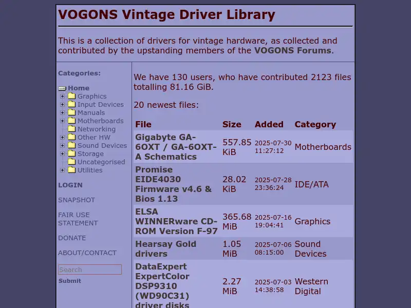 screenshot of VOGONS Vintage Driver Library